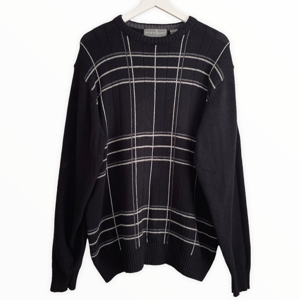 Oscar De La Renta Men’s Black & White‎ Windowpane Cotton Sweater Size XL